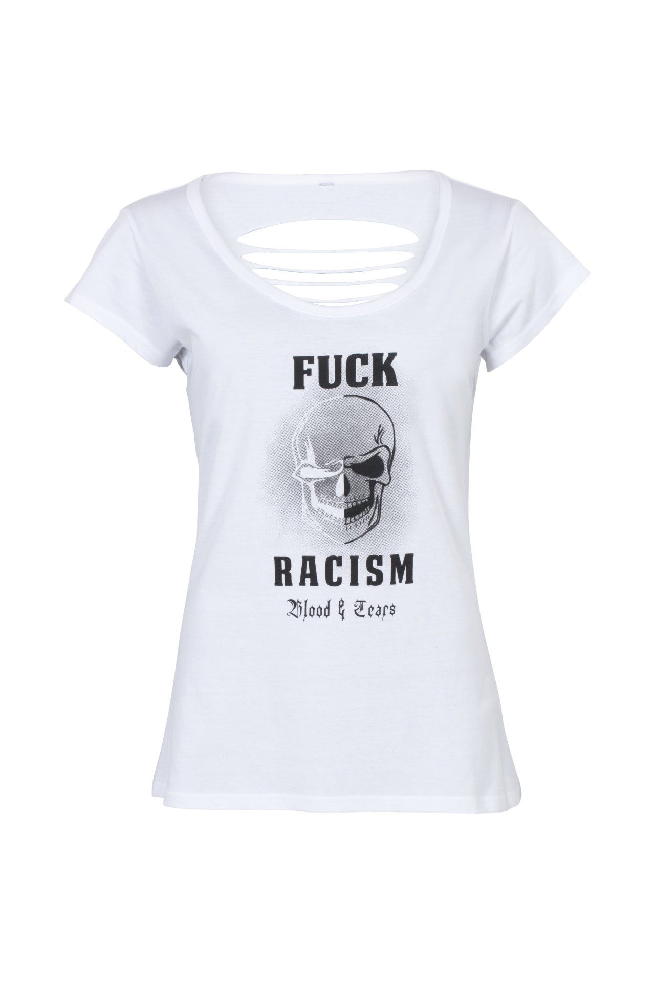 FUCK RACISM TEE BACK CUT WHITE WOMAN